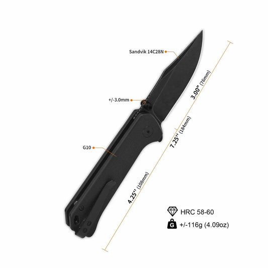 QSP Knife Grebe 3.00'' 14C28N Black G10 QS147-C2