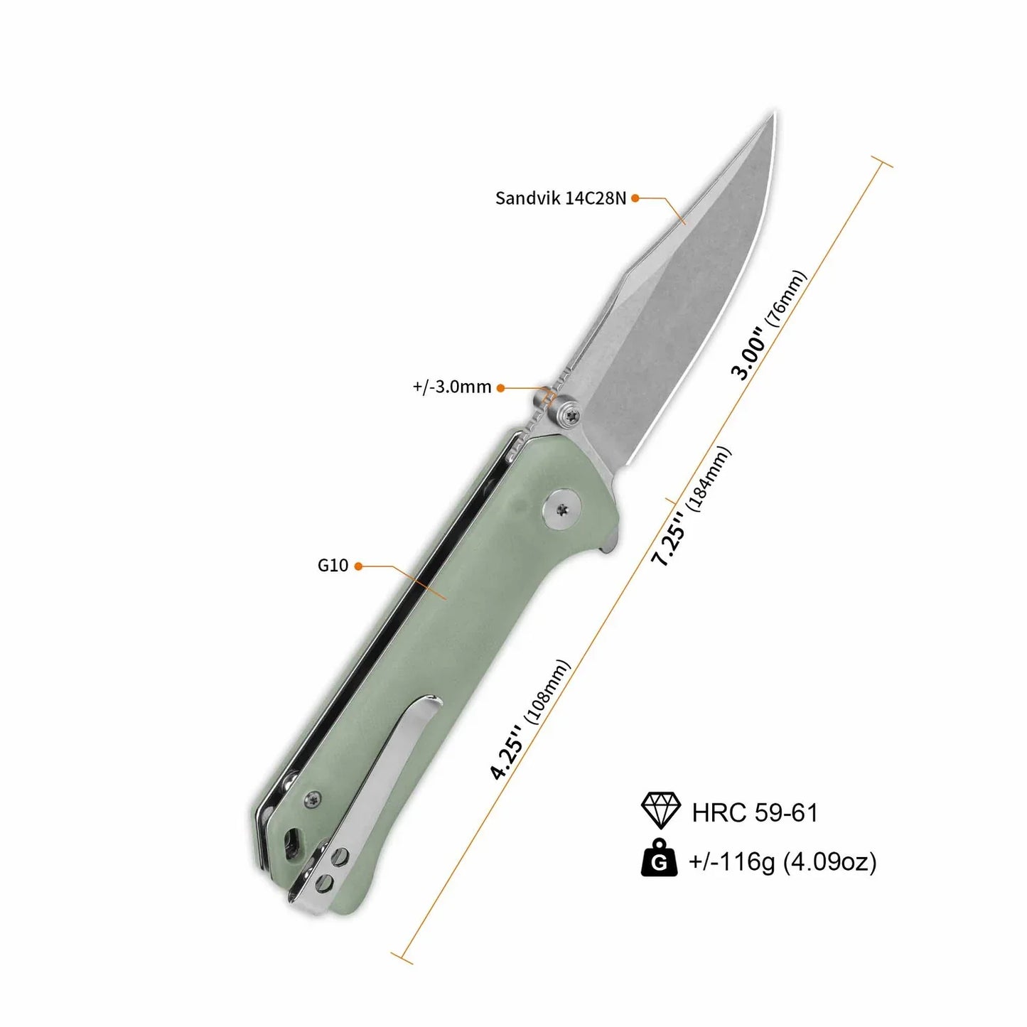 QSP Grebe 3.00" 14C28N Jade G10 QS147-D1