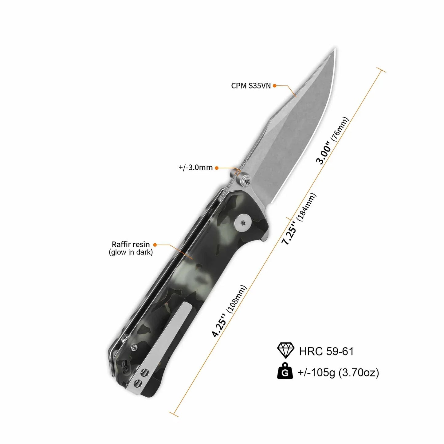 QSP Grebe 3.00" S35VN Raffir resin, Glow in Dark QS147-E1