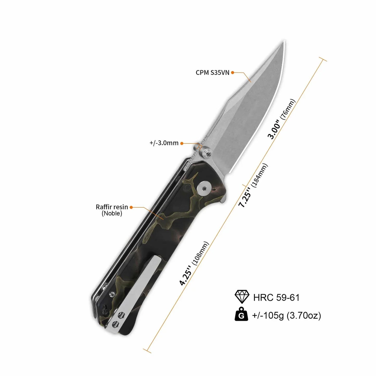 QSP Grebe 3.00" S35VN Raffir resin, Noble QS147-F1