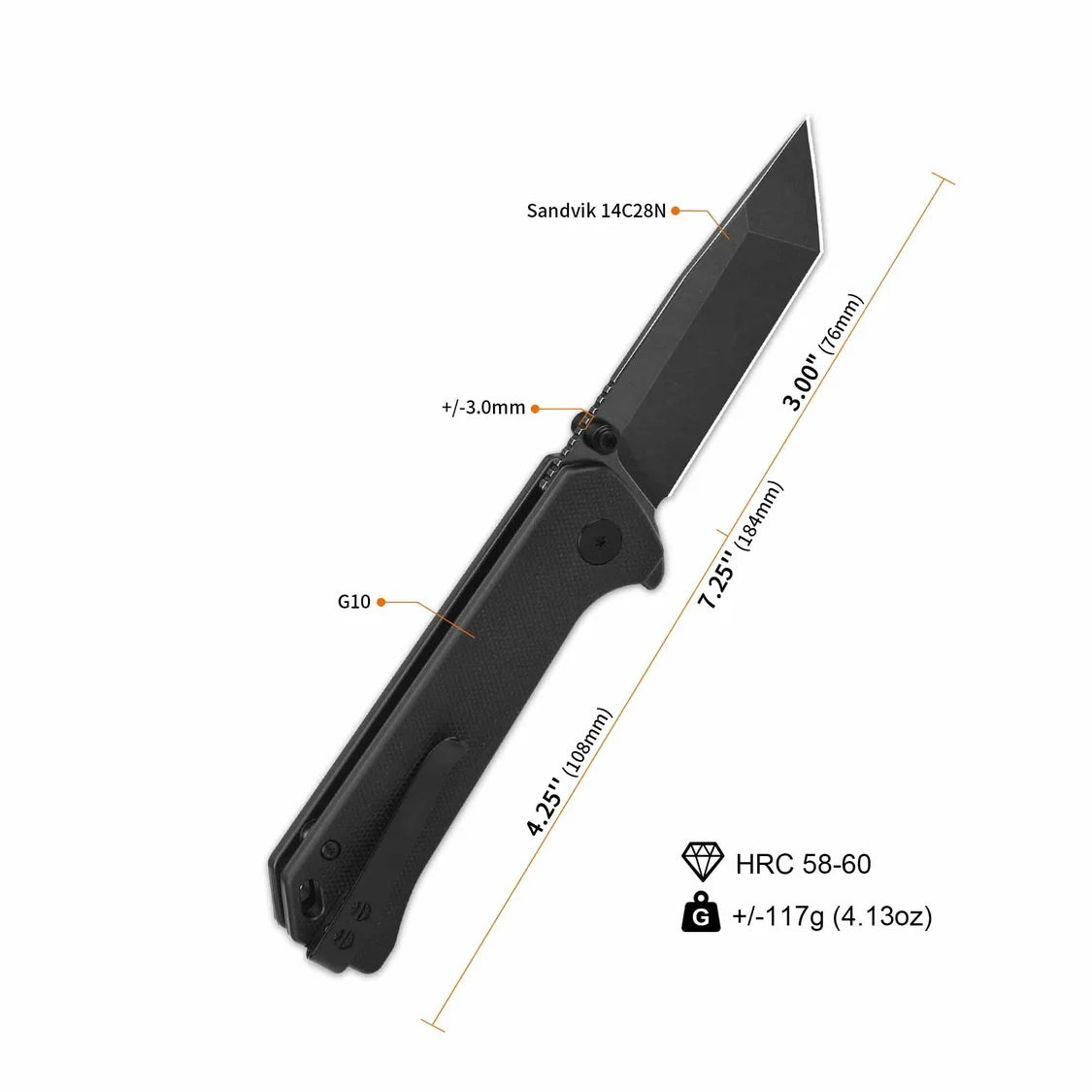 QSP Knife Grebe T 3.00'' 14C28N Black G10 QS148-C2