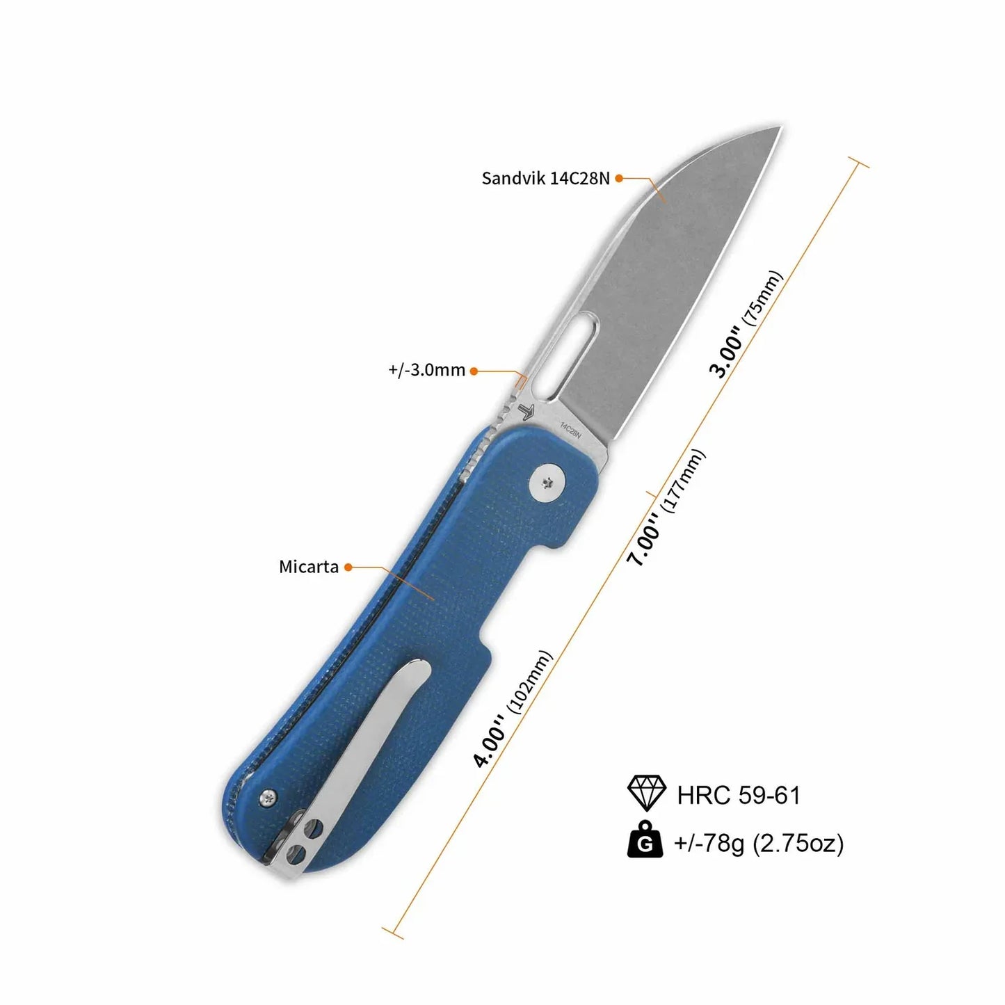 QSP Variant PE 3.00" 4C28N,stonewashed Blue Micarta QS154-C