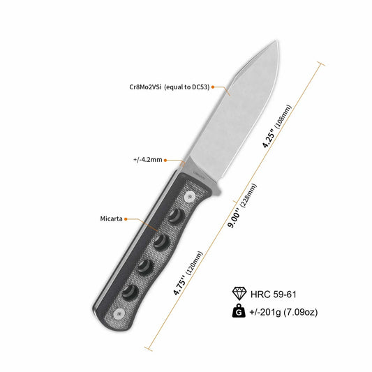QSP Canary Fixed 4.25" Cr8Mo2VSi(equal to DC53) Black Micarta Blade QS155-B1