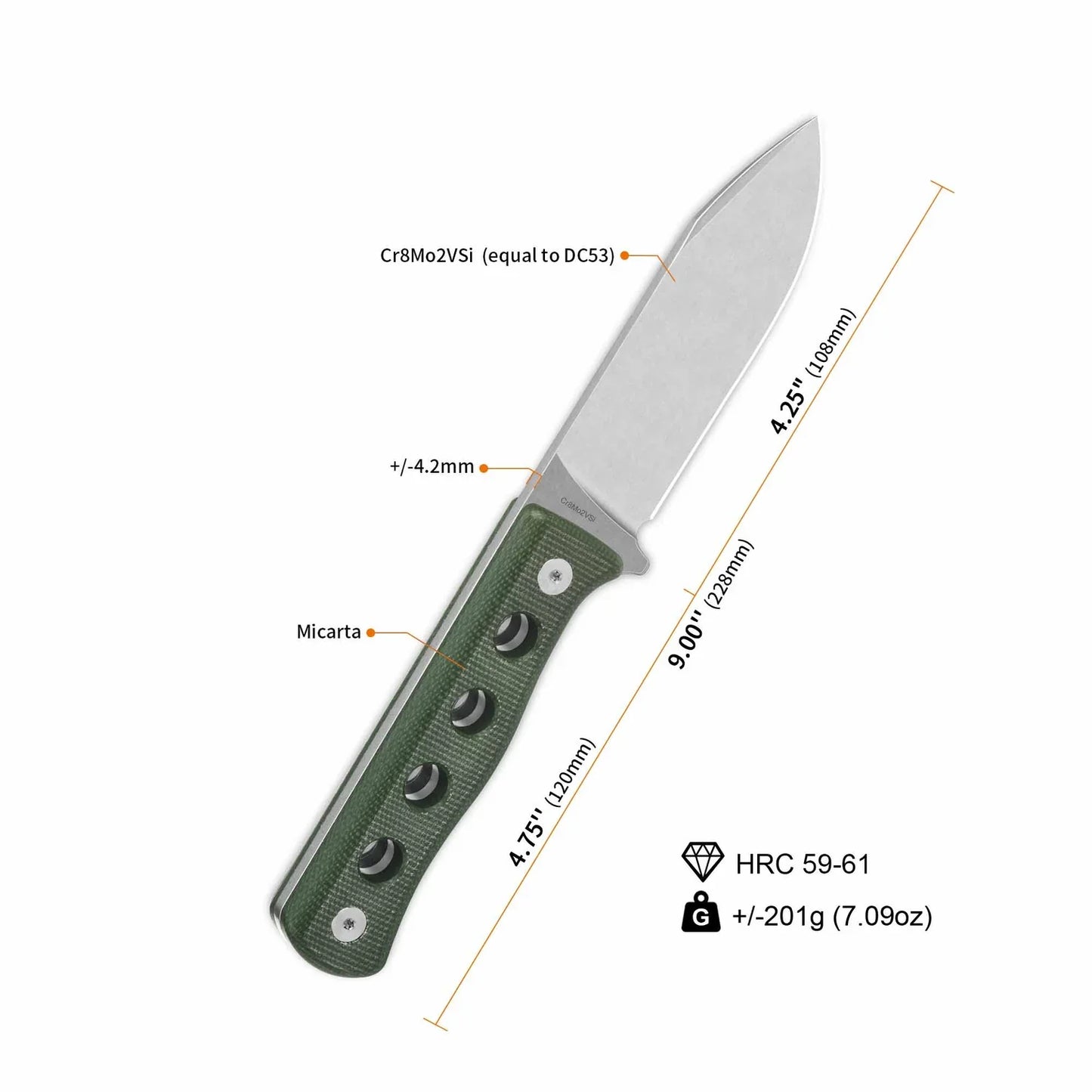 QSP Canary 4.25" Fixed Cr8Mo2VSi(equal to DC53) Green Micarta Blade QS155-C1