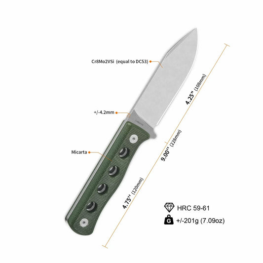QSP Canary 4.25" Fixed Cr8Mo2VSi(equal to DC53) Green Micarta Blade QS155-C1