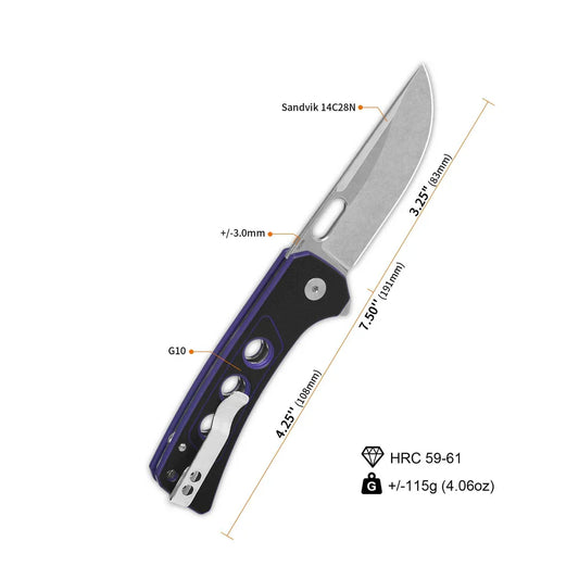 QSP Knife Unicorn 3.25'' 14C28N Black Surface Purple Liner G10 QS156-B1