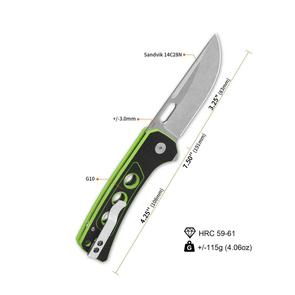 QSP Knife Unicorn 3.25'' 14C28N Black Surface Neon Liner G10 QS156-C1