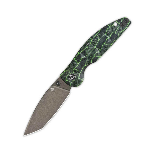 QSP Knife Turtle Punk 3.5'' 14C28N, Champagne Ceramic Coated Black/Green G10 QS158-C2