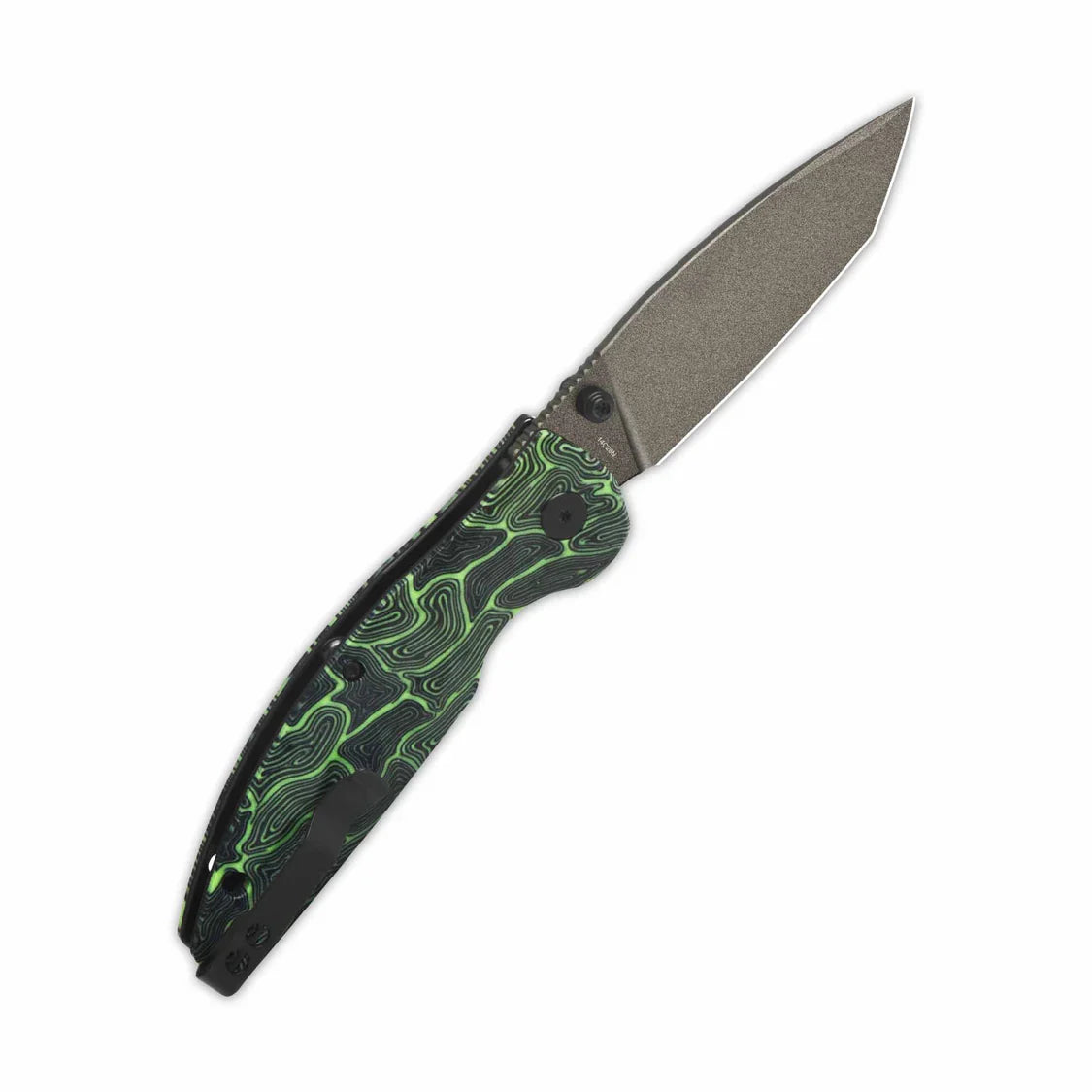 QSP Knife Turtle Punk 3.5'' 14C28N, Champagne Ceramic Coated Black/Green G10 QS158-C2