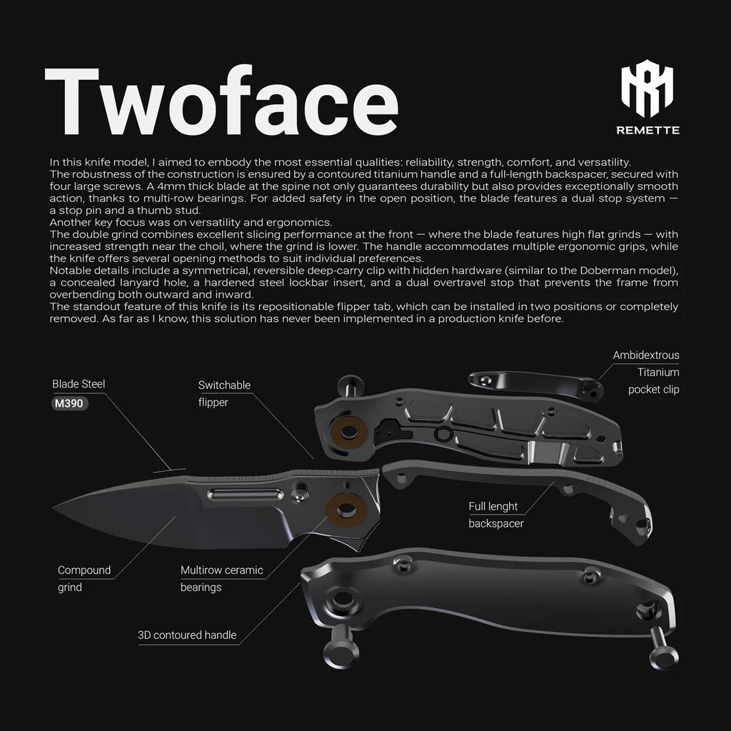 Remette RT-TwoFace Knife 3.03" M390 Spear Point Blade – DLC Titanium Handle DSTF-D