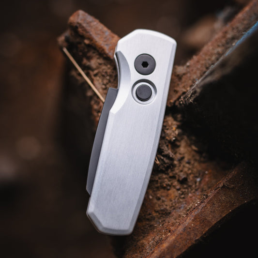 Pro-Tech Runt 5 â€“ 1.94" MagnaCut Reverse Tanto, Silver Handle, Button Lock (R5203-Silver)