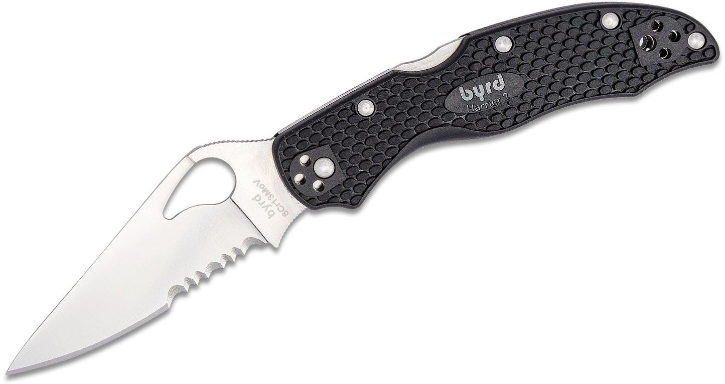 Spyderco Byrd BY01PSBK2 Harrier 2 Folding Knife 3.36in 8Cr13MoV Steel Partiality Serrated Blade