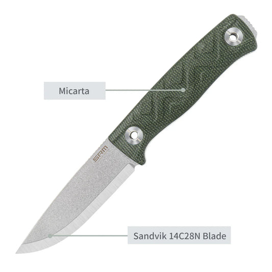 SRM Bushcraft Bushcut 3.1" 14C28N，HRC57~59 OD Green Micarta SRM 702T-MP
