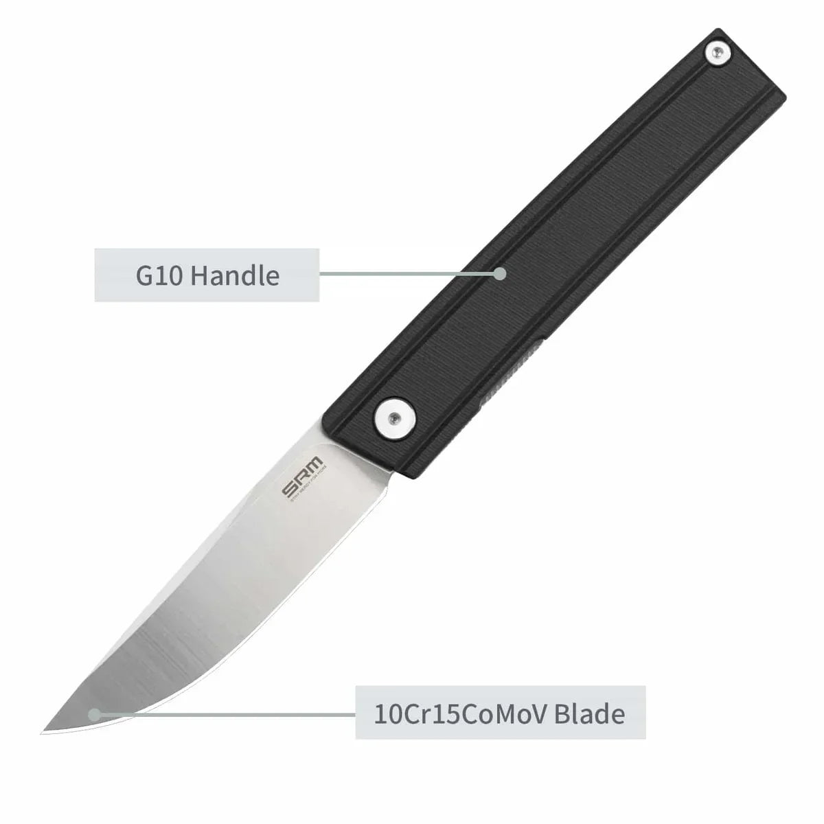 SRM Gent 401LC-GB open view with labeled black G10 handle and 10Cr15CoMoV blade