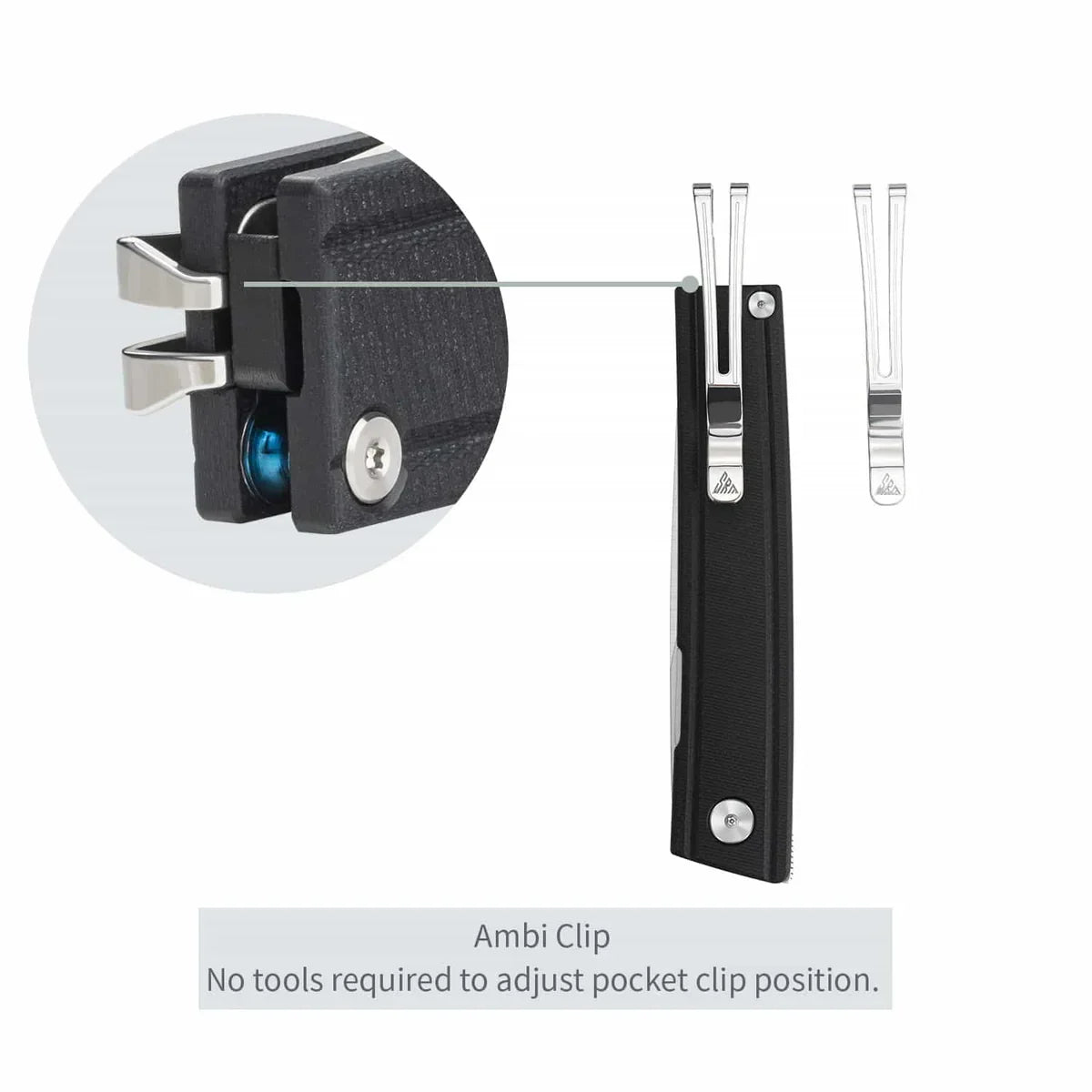 SRM Gent 401LC-GB Ambi clip detail – reversible pocket clip, no tools required to swap sides