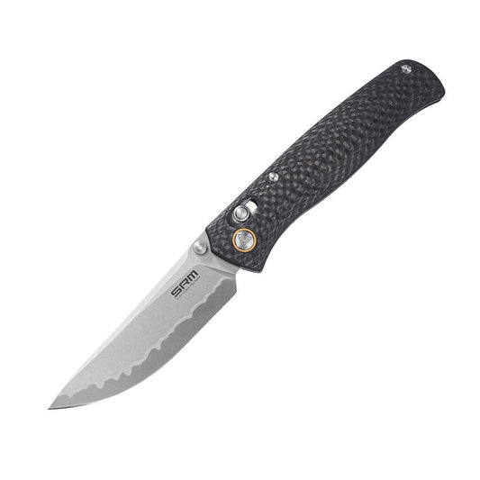 SRM Medal 255L-CB2 Folding Knife – 3.2" Laminated 140Cr Drop Point, Carbon Fiber Handle, Ambi Lock