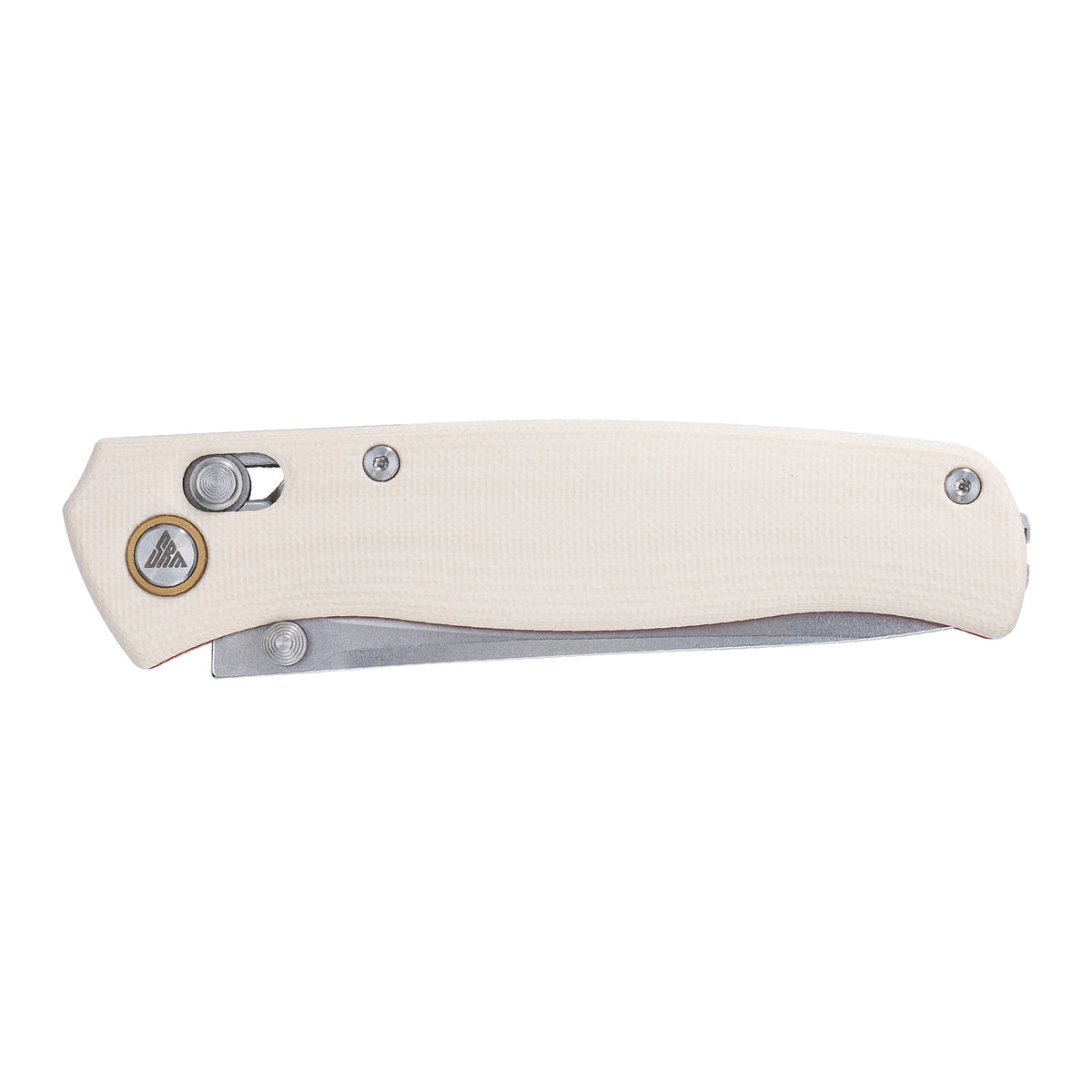 SRM Medal - 3.2" Stonewash Blade - White G10 Handle with Red Liners - 255L-GT2