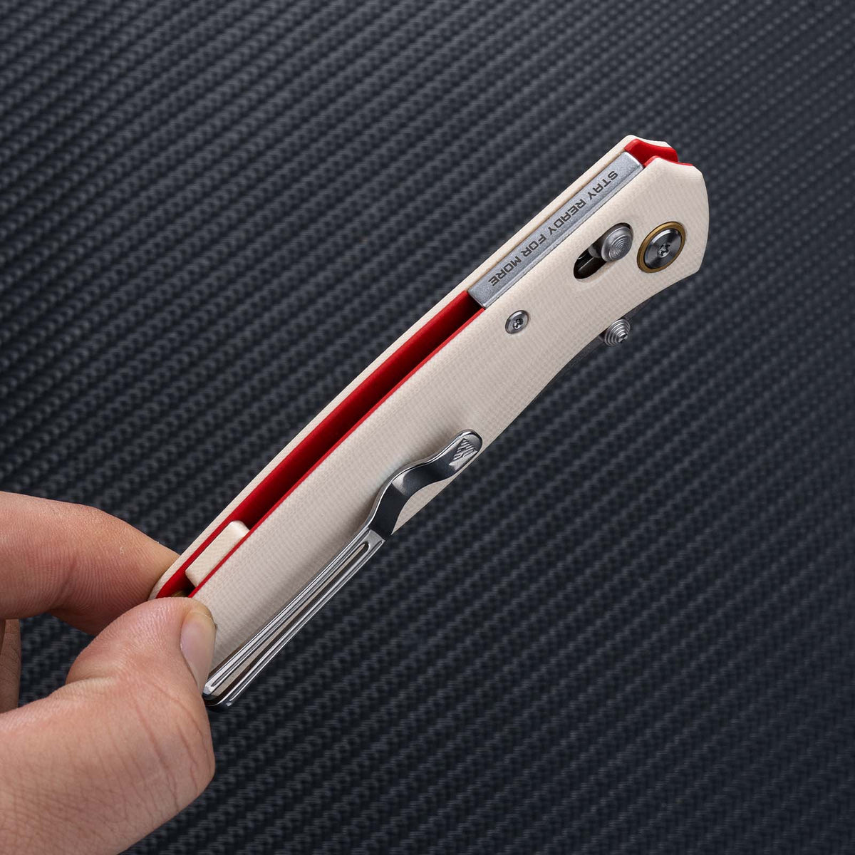 SRM Medal - 3.2" Stonewash Blade - White G10 Handle with Red Liners - 255L-GT2