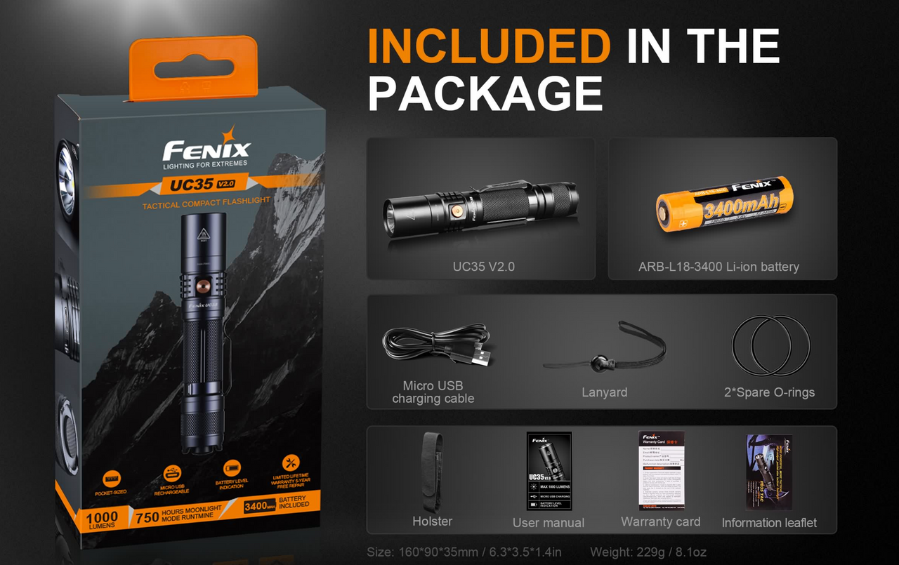 Fenix UC35 V2.0 1000 Lumen Rechargeable Flashlight 1*18650 Battery Included