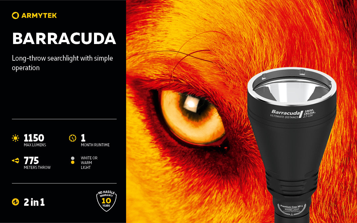 Armytek Barracuda / XP-L HI White / 1150 lumens / 5Â°:40Â° Beam / 2x18650