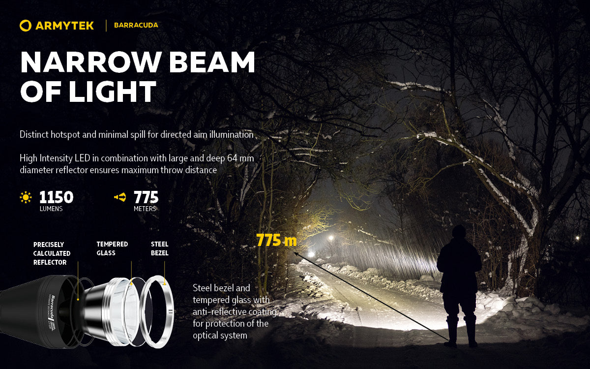 Armytek Barracuda / XP-L HI White / 1150 lumens / 5Â°:40Â° Beam / 2x18650