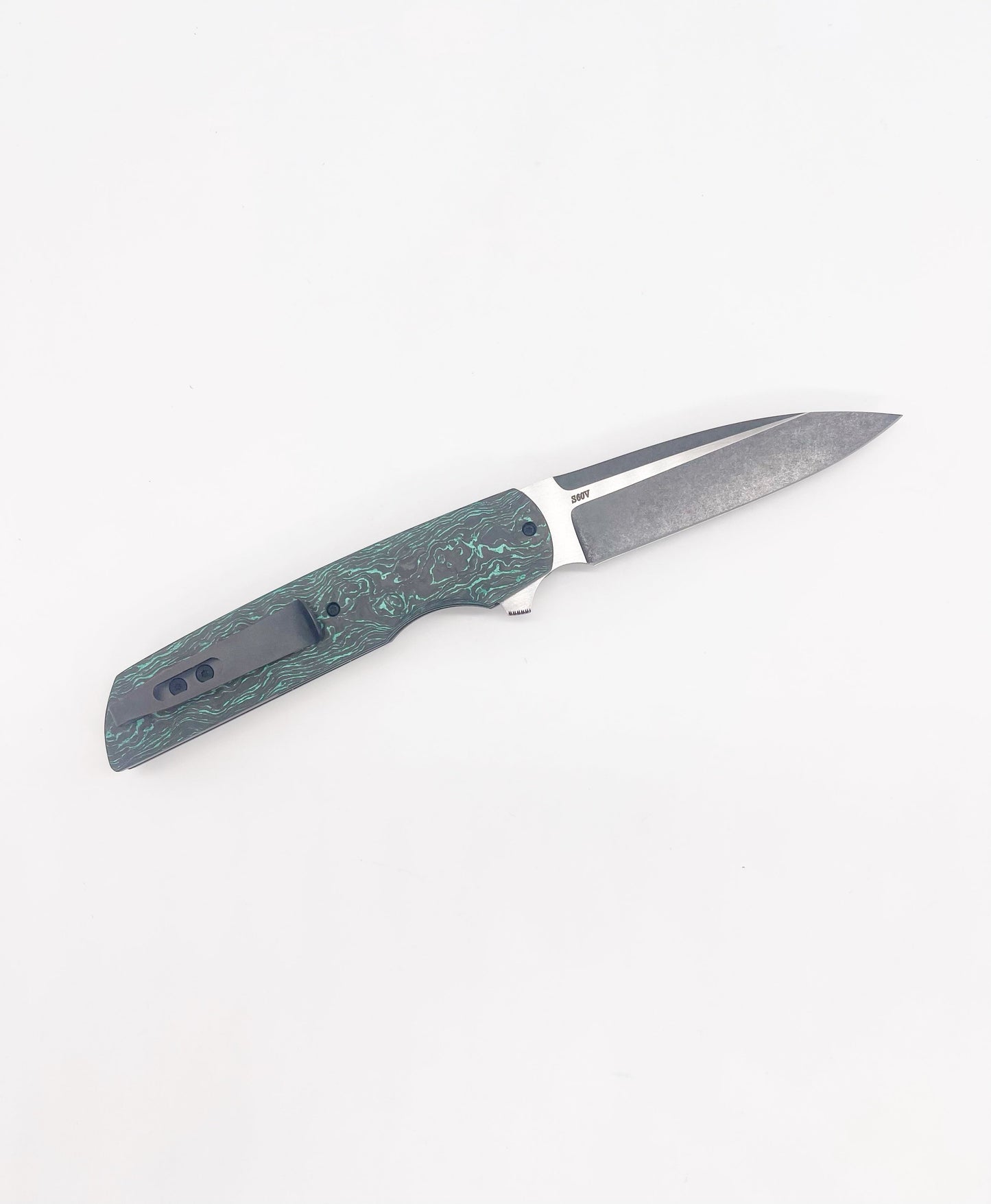 Clark Custom Knives Model 76 Flipper – S60V Teal TechnoCarbo Liner Lock Custom Folding Knife