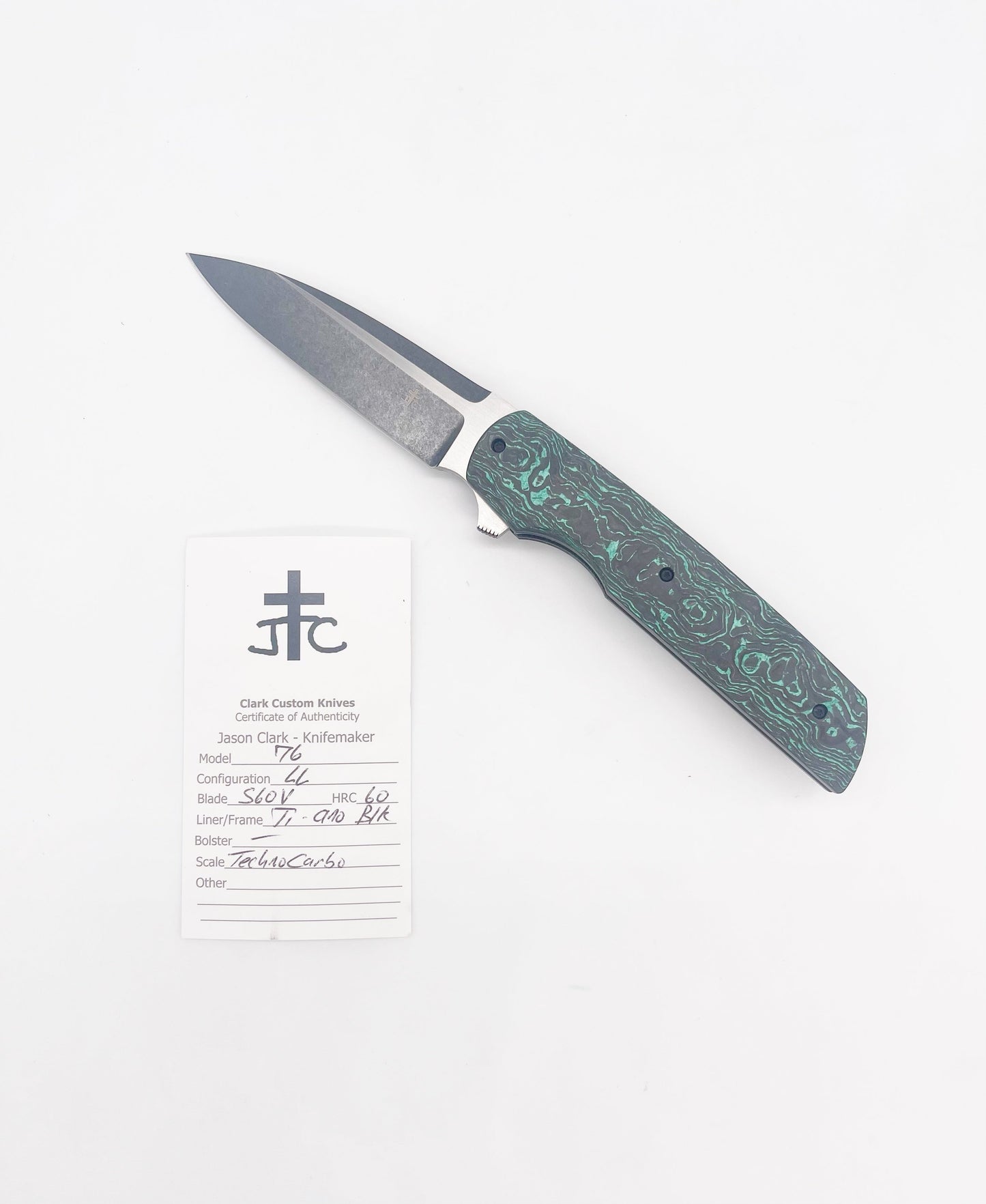 Clark Custom Knives Model 76 Flipper – S60V Teal TechnoCarbo Liner Lock Custom Folding Knife