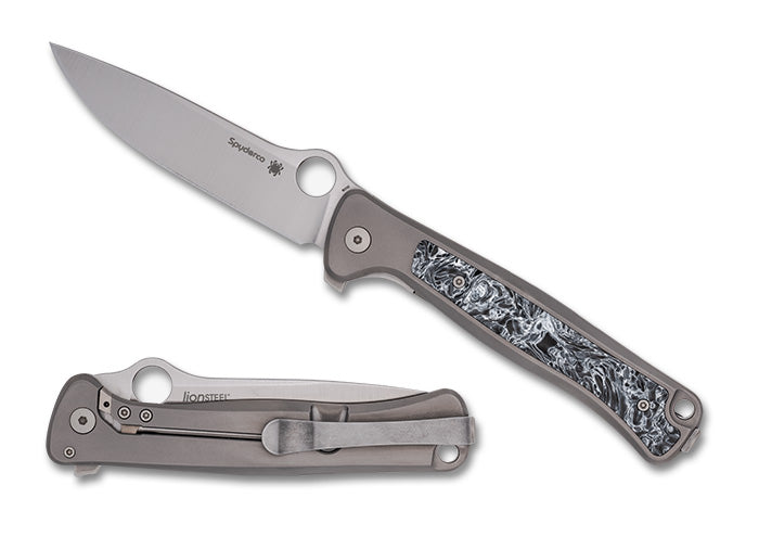 Spyderco/LionSTEEL Slym Frame Lock Flipper – 3.42" M390 Stonewashed Drop Point Blade, Titanium Handles with Dark Matter Polar FatCarbon Inlay – C271TIP