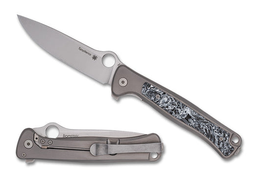 Spyderco/LionSTEEL Slym Frame Lock Flipper – 3.42" M390 Stonewashed Drop Point Blade, Titanium Handles with Dark Matter Polar FatCarbon Inlay – C271TIP