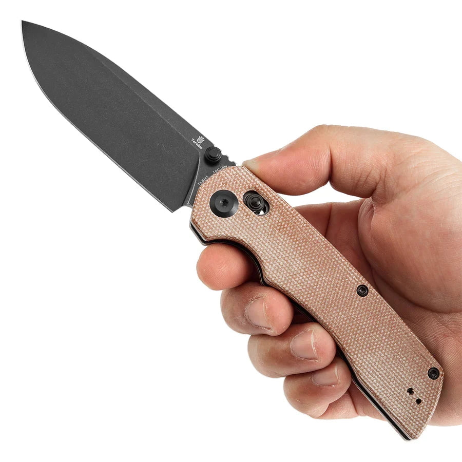 Tenable Kryo T1001V5 – 3.58" Blackwash 14C28N Blade, Brown Micarta Handle with Liner Lock