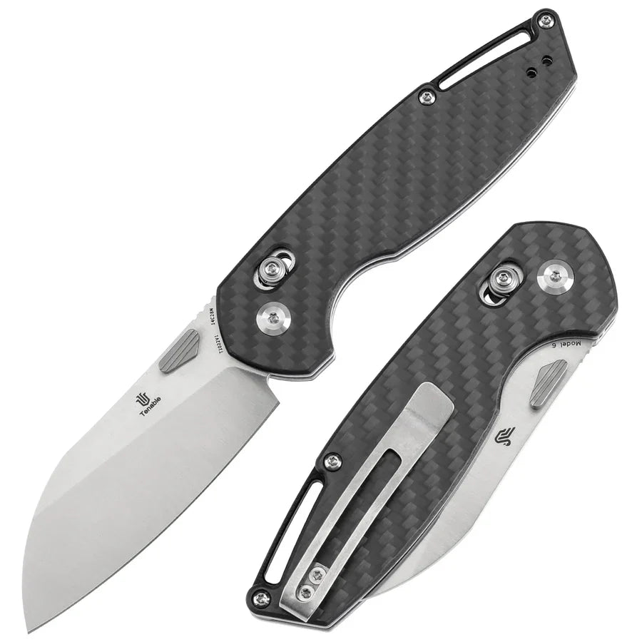 Tenable Model 6 T1022V1 – 3.1" Satin 14C28N Blade, Twill Carbon Fiber Handle with Crossbar Lock