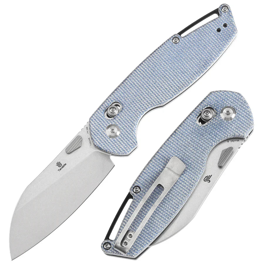 Tenable Model 6 T1022V6 – 3.1" Stonewashed 14C28N Blade, Blue Micarta Handle with Crossbar Lock