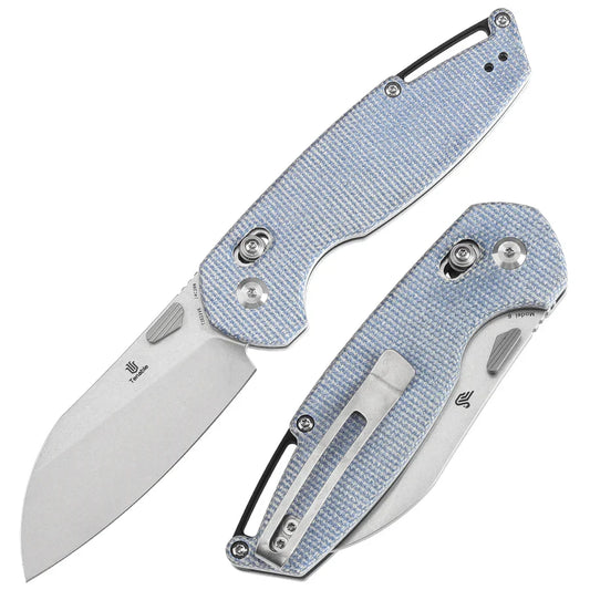 Tenable Model 6 T1022V6 – 3.1" Stonewashed 14C28N Blade, Blue Micarta Handle with Crossbar Lock