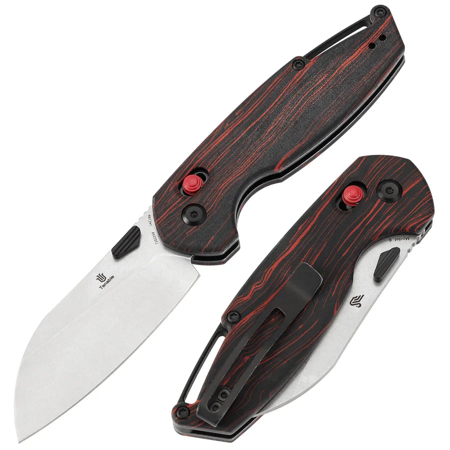 Tenable Model 6 T1022V8 – 3.1" Stonewashed 14C28N Sheepsfoot Blade, Red & Black G-mascus Handle, Crossbar Lock – Designed by Nick Swan