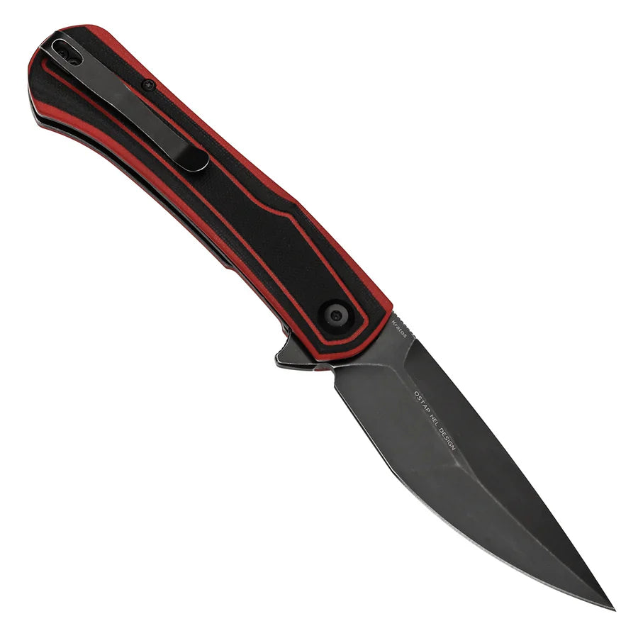 Tenable Kratos T1024A1 – 3.79" Nitro-V Blackwash Drop Point Blade, Black & Red G10 Handle, Liner Lock – Designed by Ostap Hel