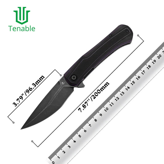 Tenable Kratos T1024A3 – 3.79" Nitro-V Blackwash Drop Point Blade, Black & Purple G10 Handle, Liner Lock – Designed by Ostap Hel
