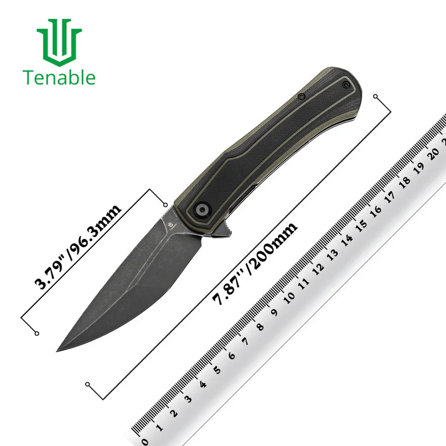 Tenable Kratos T1024A4 – 3.79" Nitro-V Blackwash Drop Point Blade, Black & Green G10 Handle, Liner Lock – Designed by Ostap Hel