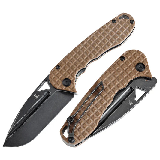Tenable Bömbur T1054A2 front view – 3.53″ blackwash D2 drop point folding knife with brown G10 frag pattern handle