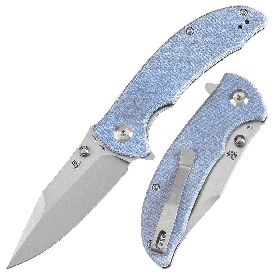 Tenable Rei T1061A1 – 3.3" Stonewashed 14C28N Blade, Blue Micarta Handle with Liner Lock