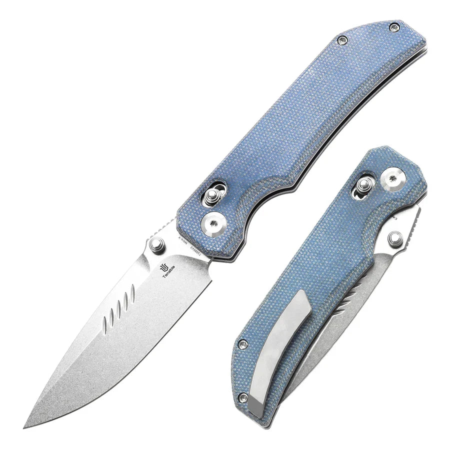 Tenable Eaglestrike T1095V2 – 3.73" Stonewashed Nitro-V Drop Point Blade, Blue Micarta Handle with Crossbar Lock