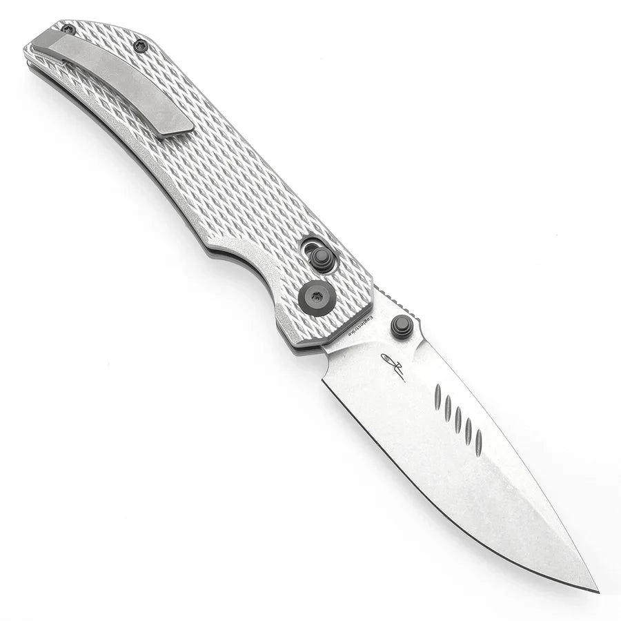 Tenable Eaglestrike T1095V4 – 3.73" Stonewashed Nitro-V Drop Point Blade, Silver Anodized Aluminum Handle with Diamond Pattern
