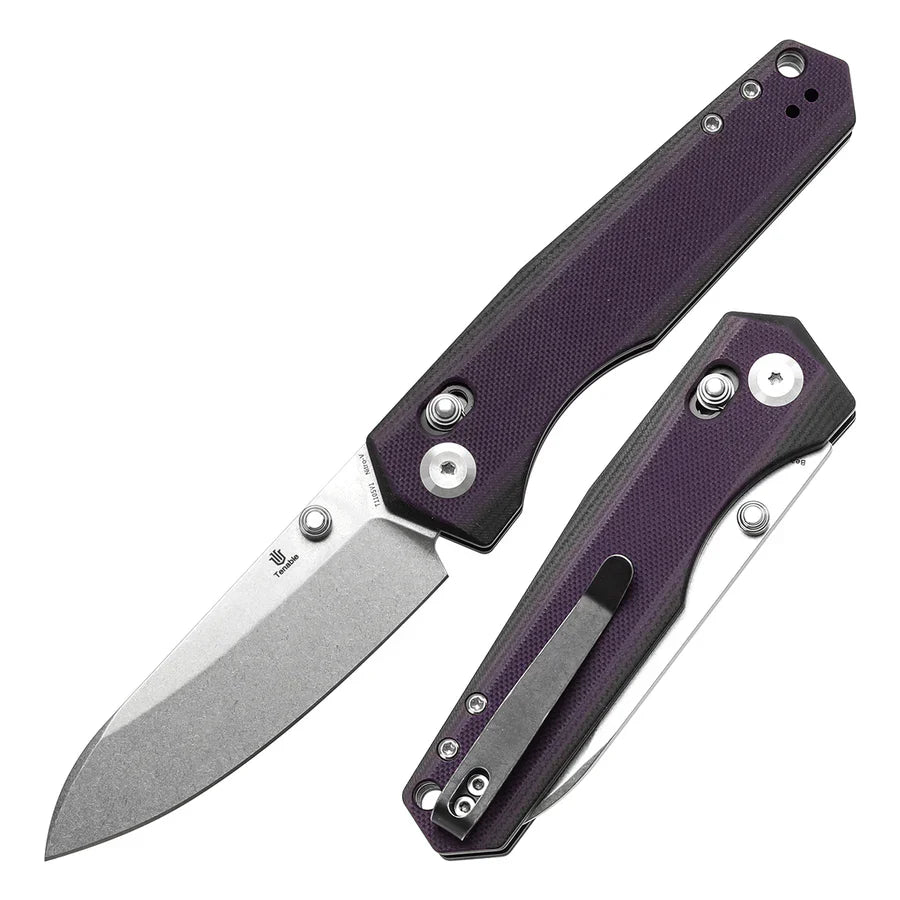 Tenable Beaver T1105V1 â€“ 3.44" Stonewashed Nitro-V Drop Point Blade, Purple and Black G10 Handle with Crossbar Lock