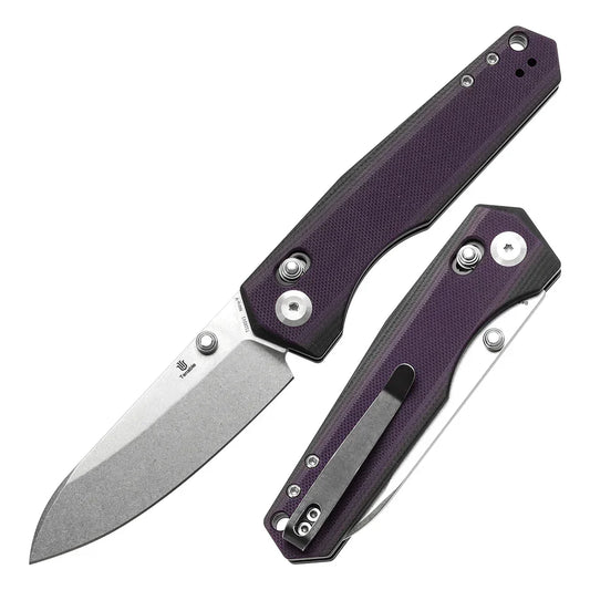 Tenable Beaver T1105V1 â€“ 3.44" Stonewashed Nitro-V Drop Point Blade, Purple and Black G10 Handle with Crossbar Lock