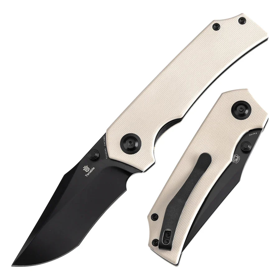 Tenable Fermi T1122A1 – 3.11" Black TiCN-Coated 14C28N Blade, Ivory White G10 Handle with Liner Lock