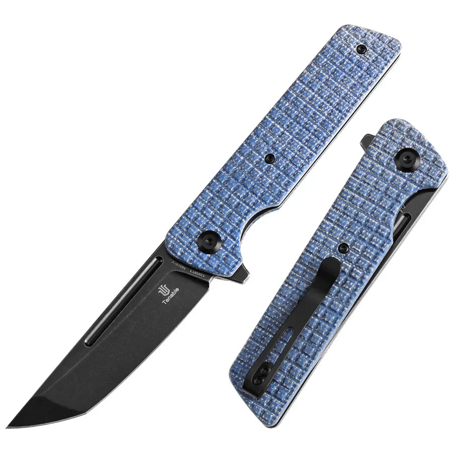 Tenable Anomaly T2038T3 – 3.14" Blackwash Nitro-V Tanto Blade, Blue Micarta Handle with Frag Pattern and Liner Lock
