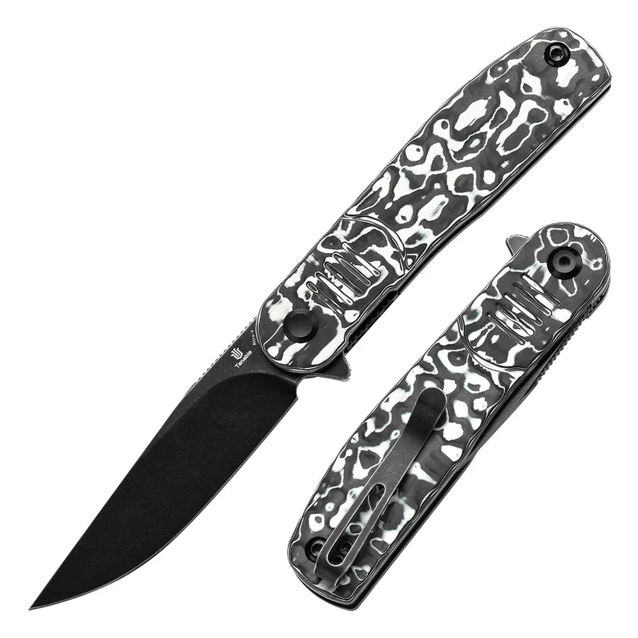 Tenable Einar T2072A4 – 3.13" Blackwash Nitro-V Drop Point Blade, Black & White Carbon Fiber Handle