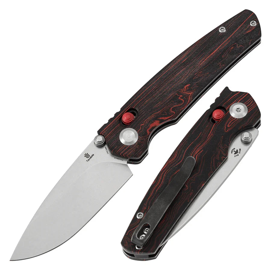 Tenable Raven T2109V3 – 3.14" Stonewashed 14C28N Drop Point Blade, Red & Black G-mascus Handle, Crossbar Lock – Designed by Black Bird Blades