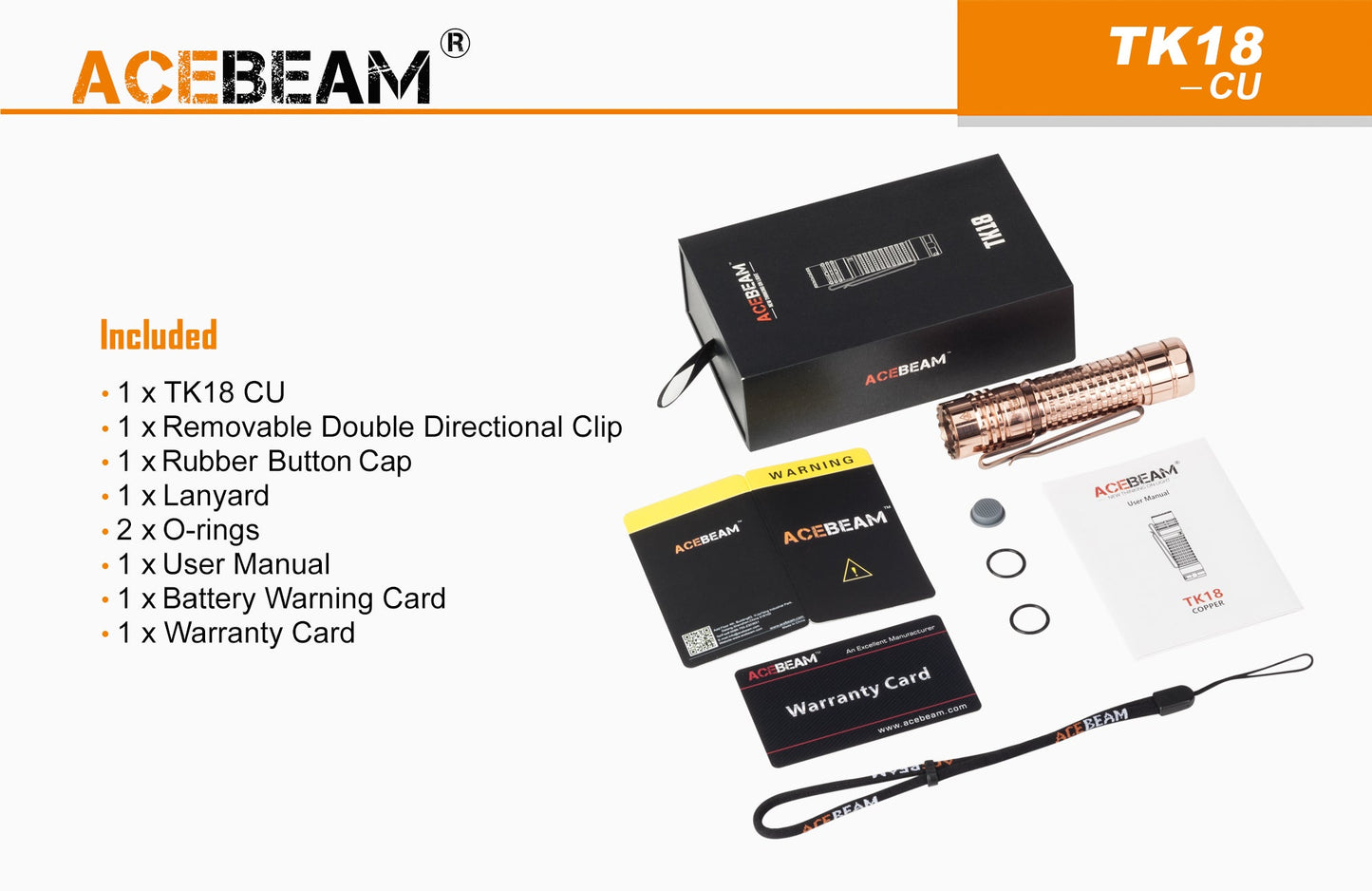 Acebeam TK18 Copper 1650 Lumen Flashlight 3 x NICHIA 219C LED