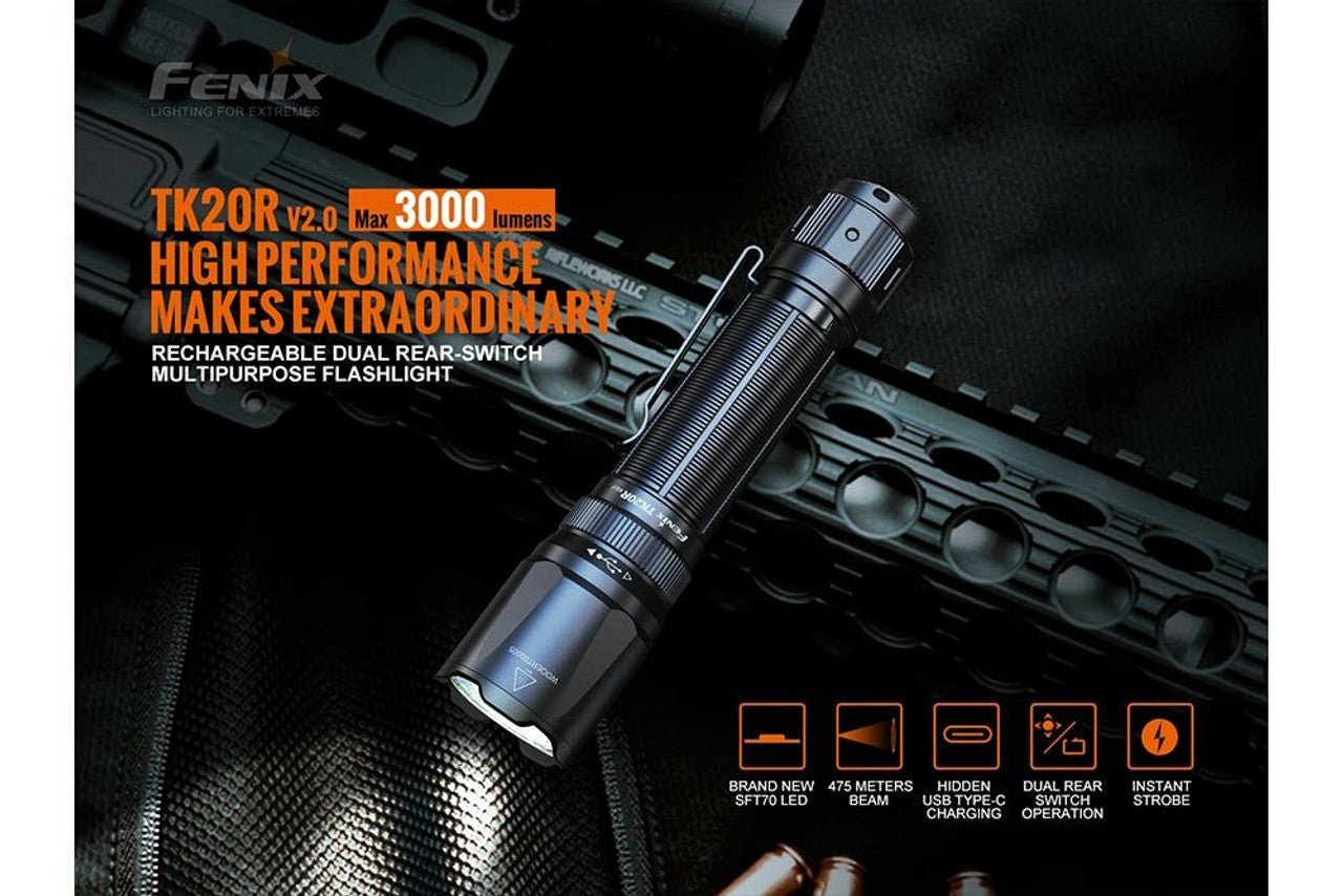 Fenix TK20R v2 3000 Lumen USB-C Rechargeable Flashlight 1 x Luminus SFT70 LED 21700 Battery Included