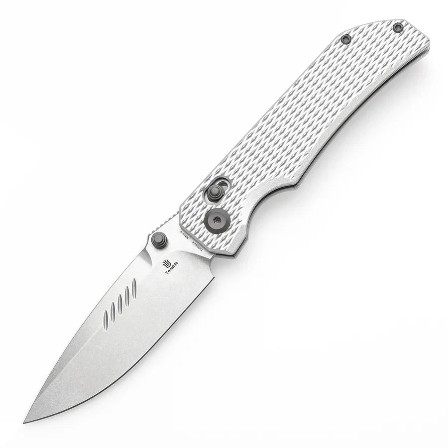 Tenable Eaglestrike T1095V4 – 3.73" Stonewashed Nitro-V Drop Point Blade, Silver Anodized Aluminum Handle with Diamond Pattern